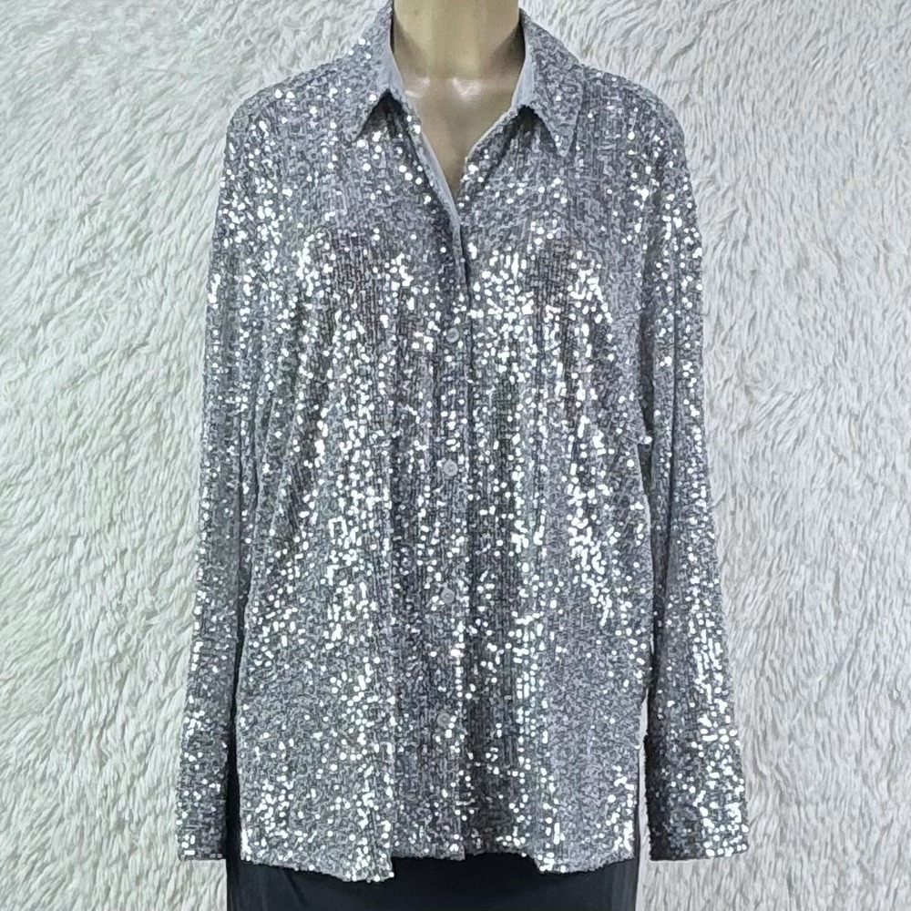 Abercrombie & Fitch Silver Sequin Oversized Button Down Shirt Size M